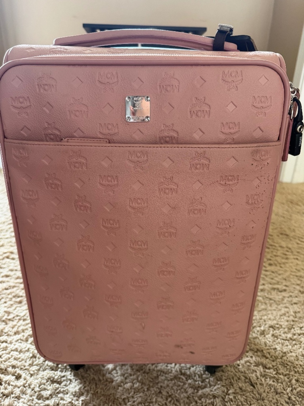 MCM Calfskin Ottomar Monogram Trolley Wheeled Suitcase Pink